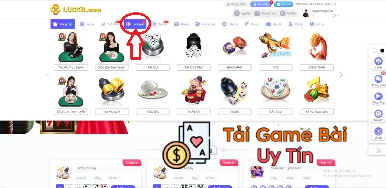 Lựa chọn đăng nhập vào trò chơi Luckywin18 Com